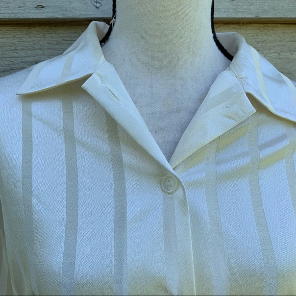 Vintage 90s Ivory White Striped Long Sleeve Collared Button Down Semi Sheer Top - Picture 6 of 16